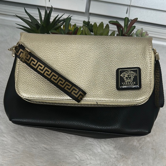 VERSACE Parfums Gold Black Faux Leather Clutch Crossbody Bag. - Picture 2 of 10